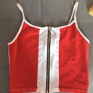 Red and white zip up crop top